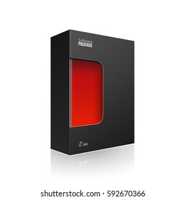 Caja De Productos De Software Negro Moderno Con Ventana Roja Para Disco De CD O DVD. Ilustración 3D En Fondo Blanco Aislada. Listo Para Su Diseño. Embalaje. Vector EPS10