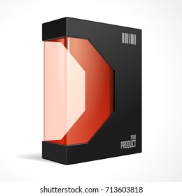 Black Modern Software Product Package Box With Red Window For DVD Or CD Disk. Mockup 3D Illustration On White Background Isolated. Ready For Your Design. Packing. Vector EPS10