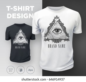 Black modern t-shirt print design with All-seeing eye. Vector illustration.