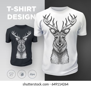 Black modern t-shirt print design with deer. Vector illustration.