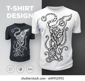 Black modern t-shirt print design with octopus. Vector illustration.