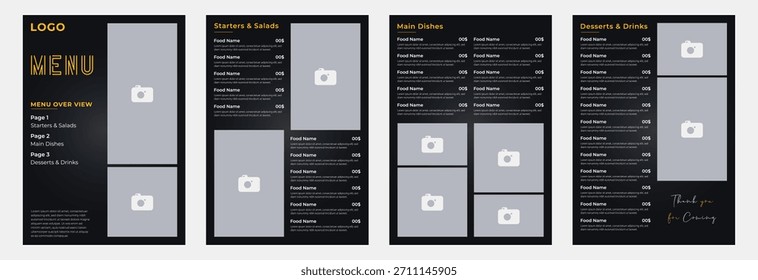 Schwarz moderne zweireihige zweireihige Menü-Design-Vorlage mit schlankem minimalen Layout elegante Typografie und Premium-Restaurant-Stil geeignet für Cafés Bars feines Essen und professionelle druckbare Menü-Design.