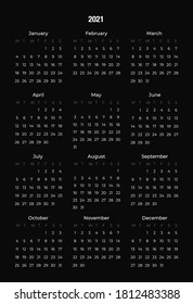 Black modern vector calendar for 2021 without decorations. Flat strict cadendary form for 12 months with days of the week. Calendar template for time management, diary, desktop.