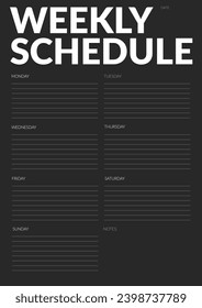 Página de cuaderno de planificación semanal Black Modern. Modern Business organizador con notas y objetivos. plantilla de página de programación. Página de planificación semanal.
