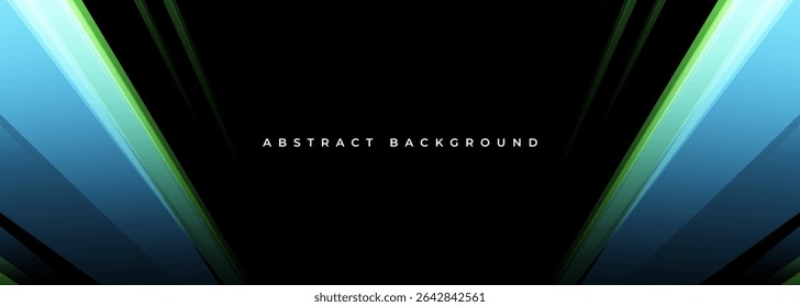 Black modern wide banner with blue and green diagonal shapes. Dark geometric abstract background. Vector illustration