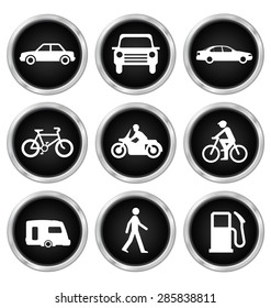 Black modes of transport related icon set isolated on white background