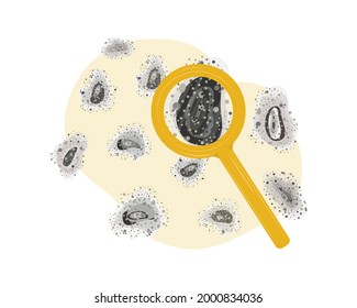 black mold concept. Aspergilloma black colony. Allergenic spots of toxic fungus through a magnifying glass. Vector illustration, flat