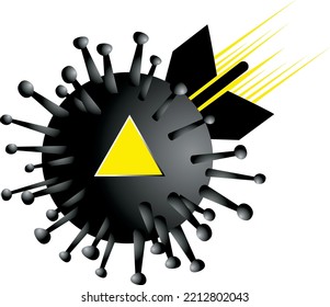 black molecule in the form of a bomb flies on a white background with a yellow play button