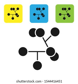 Black Molecule icon isolated on white background. Structure of molecules in chemistry, science teachers innovative educational poster. Set of colorful square icon buttons. Vector Illustration