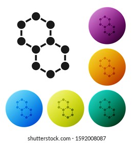 Black Molecule icon isolated on white background. Structure of molecules in chemistry, science teachers innovative educational poster. Set icons colorful circle buttons. Vector Illustration
