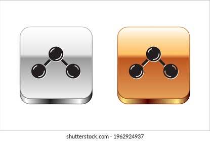 Black Molecule icon isolated on white background. Structure of molecules in chemistry, science teachers innovative educational poster. Silver-gold square button. Vector