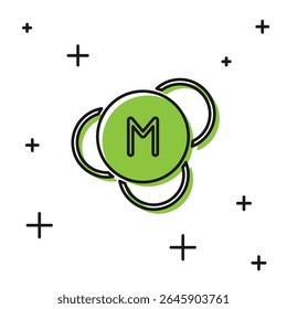 Ícone da Molécula preta isolado no fundo branco. Estrutura de moléculas em química, professores de ciência cartaz educacional inovador.  Vetor