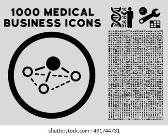 Black Molecule vector rounded icon. Image style is a flat icon symbol inside a circle, light gray background. Bonus clipart includes 1000 medical business symbols.