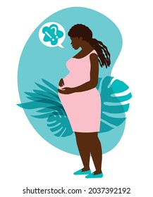 Black Mom In Prenatal Depression. Isolated Flat Vector Background Illustration. Pregnancy Sad Concept. African American Pregnant Woman