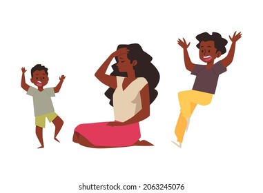 Black Mom is tired and sad because of noisy children. African American mother exhausted and having headache because of kids related stress. Flat cartoon vector illustration of depressed parenthood.