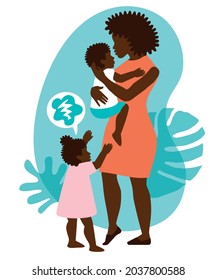 The Black Mom Of The Todler Twins Is Worried About The Jealousy Of The Children. The Relationship Of Brother And Sister. Family Care. Childhood Lifestyle Concept. Vector Isolated Illustration. 