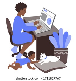 Black Mom Working From Home. A Young Millennial Generation Woman Working On A Laptop, With A Baby Crawling On The Floor Playing With A Small Dog.