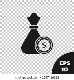 Black Money bag and casino chips icon isolated on transparent background. Dollar or USD symbol. Cash Banking currency sign.  Vector Illustration