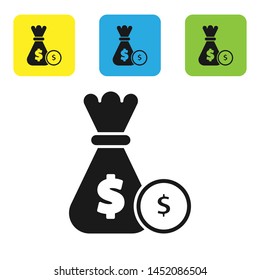 Black Money bag and coin icon isolated on white background. Dollar or USD symbol. Cash Banking currency sign. Set icons colorful square buttons. Vector Illustration