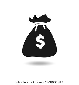 Icono plano de la bolsa de dinero negra. Infografía simple de caricaturas de Moneybag aislada en fondo blanco. Caso de dinero con sombra. Ilustración vectorial.