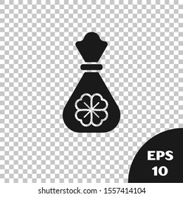 Black Money bag with four leaf clover icon isolated on transparent background. Cash Banking currency sign. Happy Saint Patricks day.  Vector Illustration