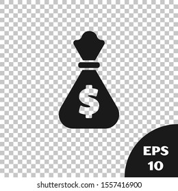 Black Money bag icon isolated on transparent background. Dollar or USD symbol. Cash Banking currency sign.  Vector Illustration