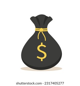 Black money bag icon with a yellow drawstring. Vector illustration in a flat style on a white background. In cartoon style.	

