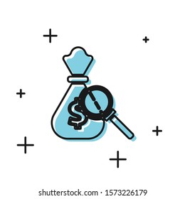 Black Money bag and magnifying glass icon isolated on white background. Dollar or USD symbol. Cash Banking currency sign.  Vector Illustration