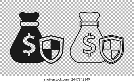 Black Money bag with shield icon isolated on transparent background. Insurance concept. Security, safety, protection, protect concept.  Vector