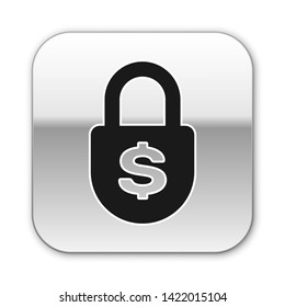 Black Money lock icon isolated on white background. Padlock and dollar symbol. Finance, security, safety, protection, privacy concept. Silver square button. Vector Illustration