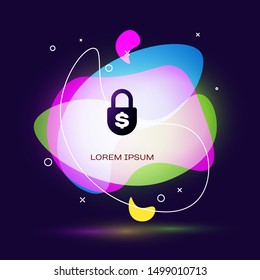 Black Money lock icon isolated on dark blue background. Padlock and dollar symbol. Finance, security, safety, protection, privacy concept. Abstract banner with liquid shapes. Vector Illustration