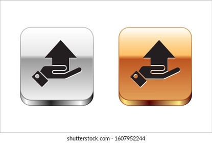 Black Money on hand icon isolated on white background. Palm holds cash with arrow up. Cash salary increase. Rising prices. Silver-gold square button. Vector Illustration