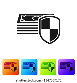 Black Money protection icon on white background. Financial security, bank account protection, fraud prevention, secure money transaction, secure payment. Color square buttons. Vector Illustration