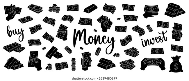 Black money set. Flying cash, green banknotes, stack of money, dollar bills, gold coins and bars. Money investment concept. Cash paper currency.