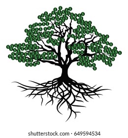 Black money tree with dollars. Vector illustration isolated on white background.