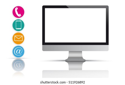 Black monitor with colored contact icons and shadows on the white background. 