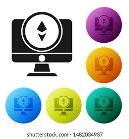 Black Monitor and Cryptocurrency coin Ethereum ETH icon isolated on white background. Altcoin symbol. Blockchain based secure crypto currency. Set icons colorful circle buttons. Vector Illustration