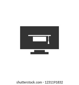Black monitor with graduation cap or mortar board. isolated on white. Flat vector simple icon. Internet knowledge symbol. Good for web and mobile design.  on-line education sign. 