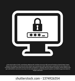 Black Monitor with password notification and lock icon isolated on black background. Concept of security, personal access, user authorization, login form. Vector Illustration