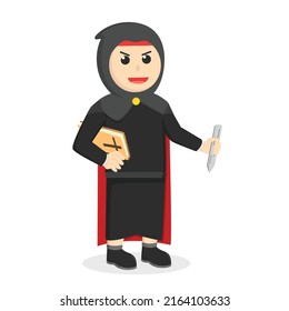 black monk holding stake and bible design character on white background