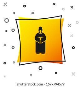 Black Monk icon isolated on white background. Yellow square button. Vector Illustration