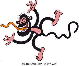 Black monkey with long tail while jumping, extending its arms and legs and sticking its tongue out in a very crazy mood as for greeting animatedly