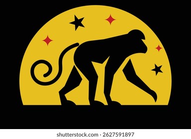 Black monkey silhouette on yellow crescent