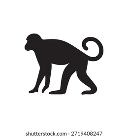 Ilustración vectorial de silueta de mono negro aislado sobre fondo blanco. Icono de mono mínimo y limpio adecuado para el diseño de logotipos, conceptos de vida silvestre, gráficos de zoológicos, proyectos de naturaleza, pegatinas, carteles y materiales de marca.