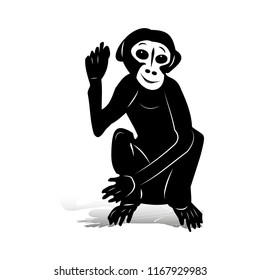 Black monkey sitting with raised right hand (gesture, hello), silhouette on white background, vector