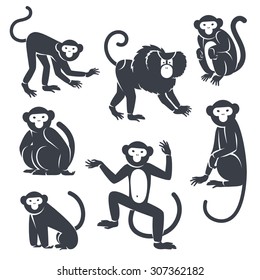 Black Monkeys Silhouettes Isolated on White. Vector illustration. Symbols of 2016 Chinese New Year.