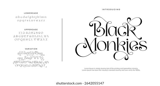 Black Monkies Abstract Fashion alfabeto de fontes. Mínimo fontes urbanas modernas para logotipo, marca etc. Tipografia fonte maiúscula minúscula e número. ilustração vetorial