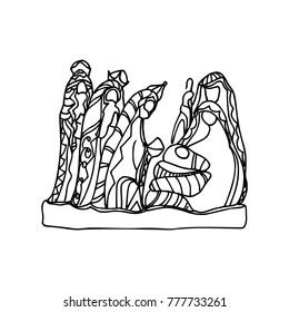 Black Mono Color Illustration for Merry Christmas and Happy New Year Print Design. Christmas Nativity Religious Abstract Artistic Bethlehem Crib Scene on White