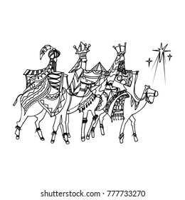 Black Mono Color Illustration for Merry Christmas and Happy New Year Print Design. Three wise men following the star of Bethlehem