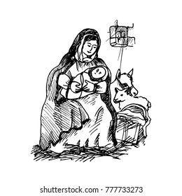 Black Mono Color Illustration for Merry Christmas and Happy New Year Print Design. Mary Holding Baby Jesus